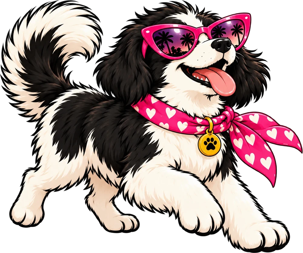 Sniffany, a fictional dog in pink sunglasses and a heart-print scarf