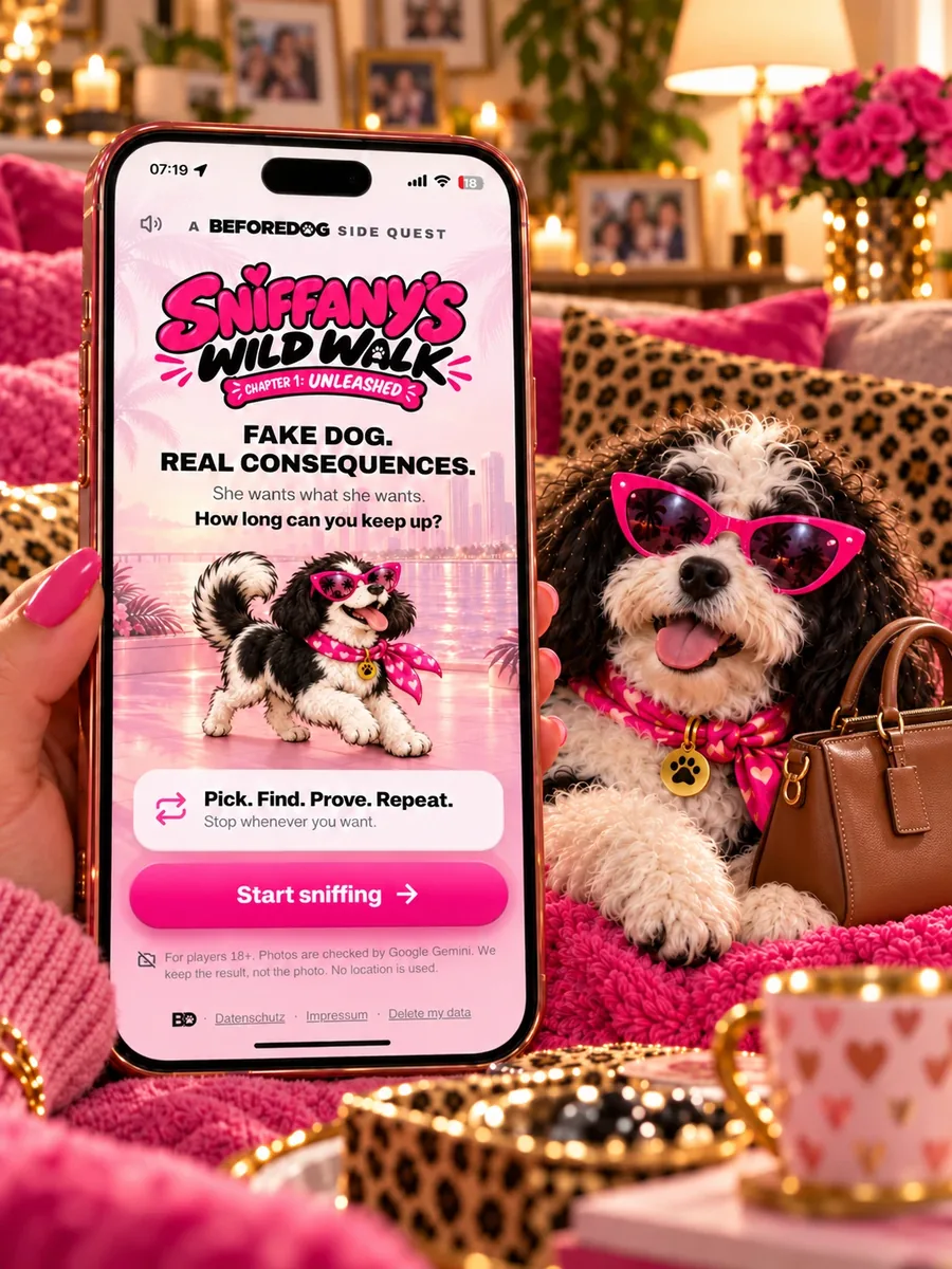 Sniffany's Wild Walk on a phone: Pick. Find. Prove. Repeat. Start sniffing. Stop whenever you want.