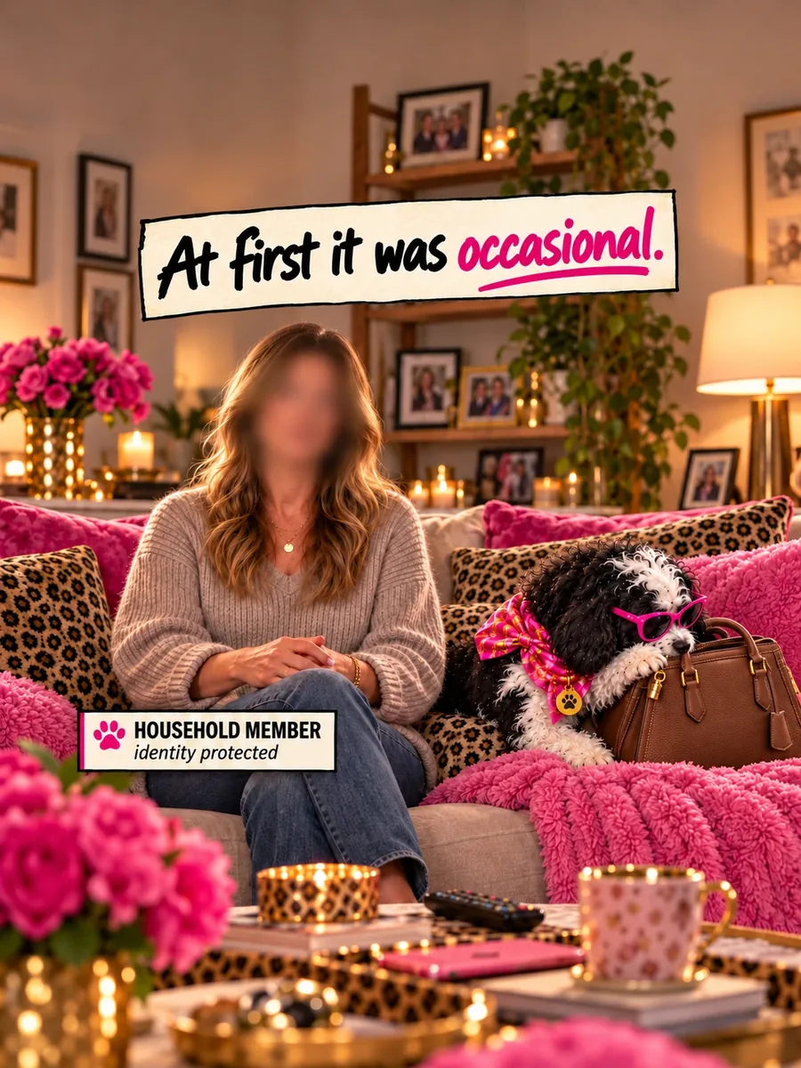 At first it was occasional. A woman on a sofa, face blurred, labelled household member, identity protected. Sniffany rests her head in a designer handbag beside her.