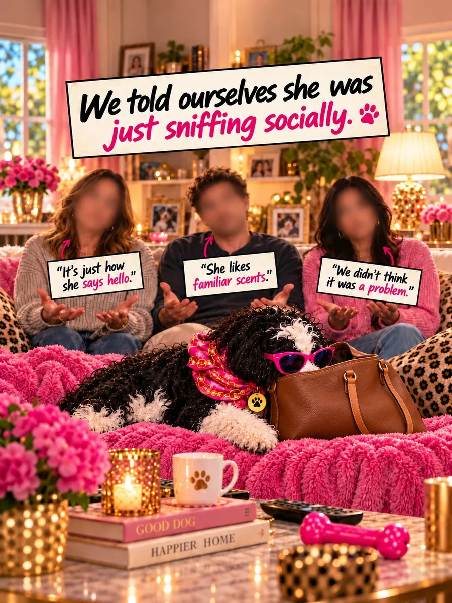 We told ourselves she was just sniffing socially. Three people say: It's just how she says hello. She likes familiar scents. We didn't think it was a problem.
