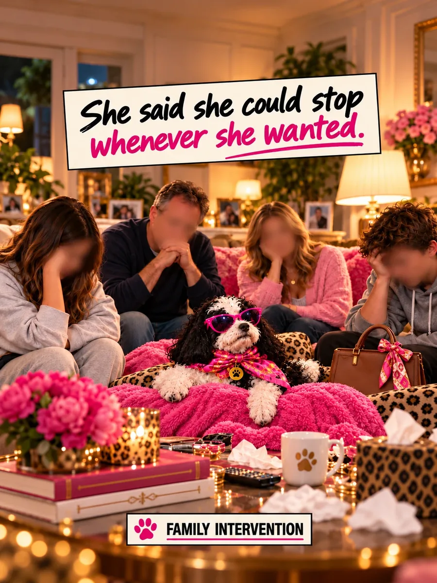 She said she could stop whenever she wanted. A family intervention on the sofa, heads in hands, with Sniffany in sunglasses at the centre.